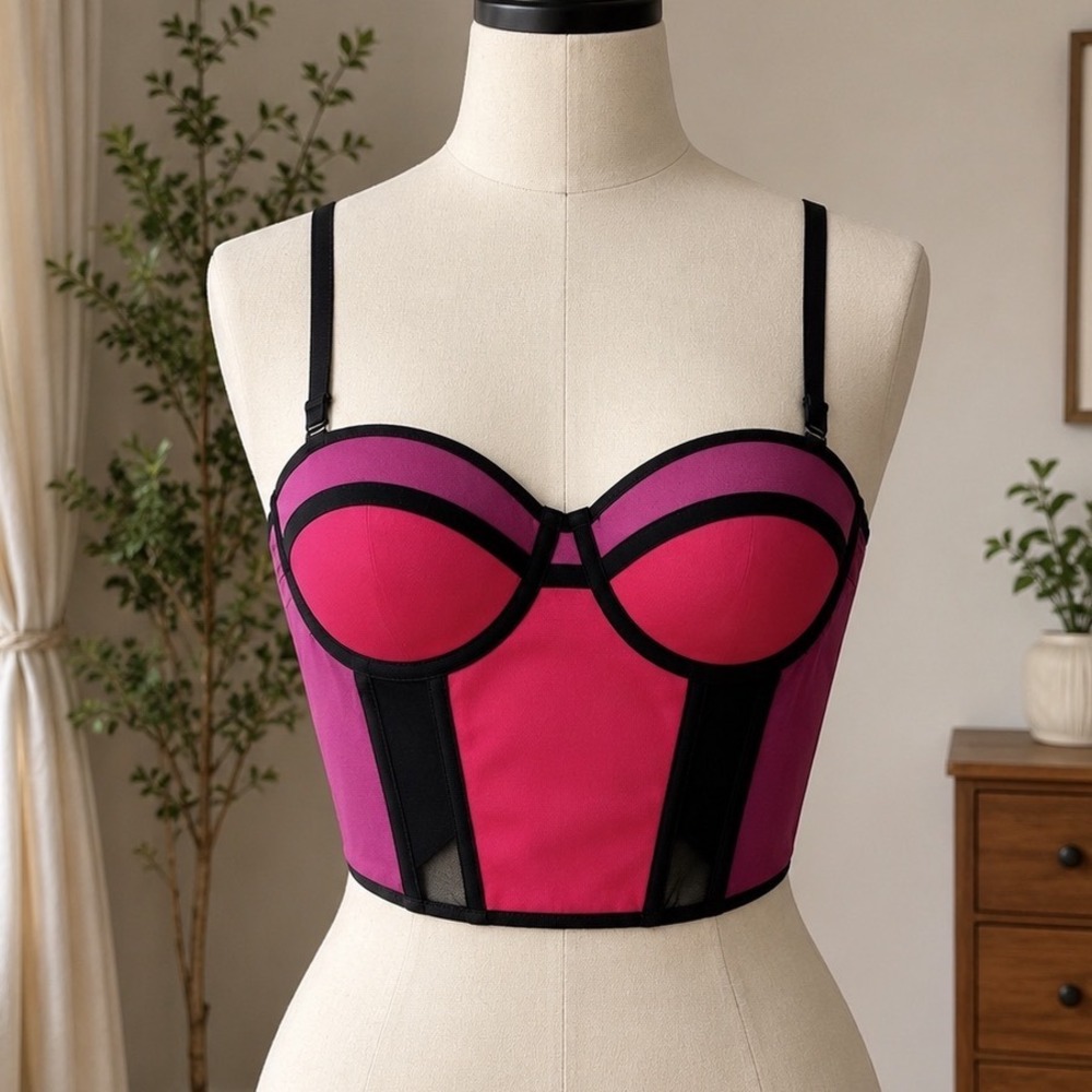 Bebe Womens Corset Top Padded Colorblock Pink Purple Black Size S